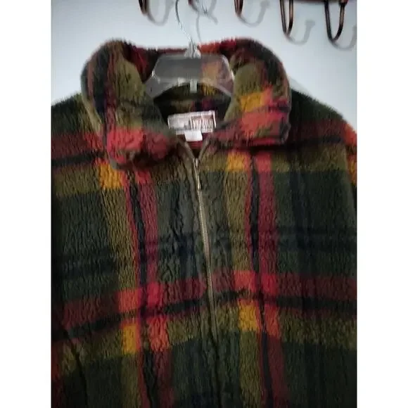 3235) Vintage Braetan Micro Velour Fleece Plaid Zip Front Berber Coat Large - Picture 8 of 11